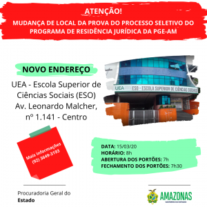 Imagem da notícia - PGE-AM anuncia novo local da prova do processo seletivo do Programa de Residência Jurídica e divulga lista das salas dos candidatos